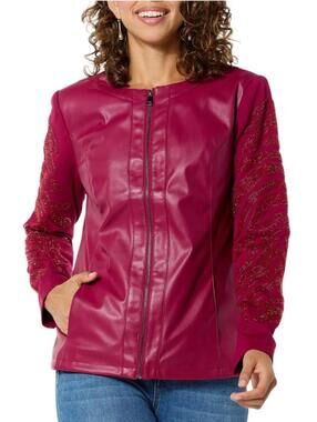 NWT Colleen Lopez Beaded Mesh Sleeve Faux Leather Moto Jacket Size Small